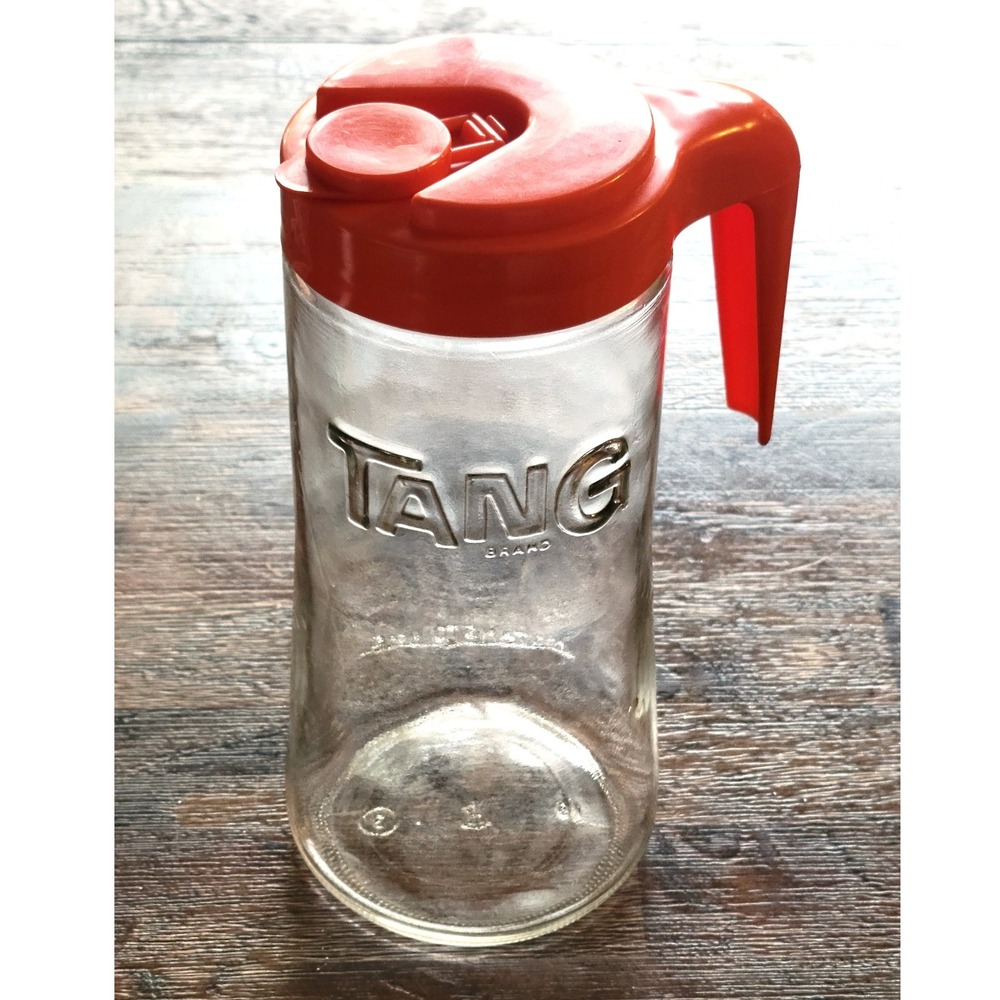 Vtg 80s Tang Brand Glass Pitcher juice carafe Orange Plastic Lid and Handle 1 Qt
